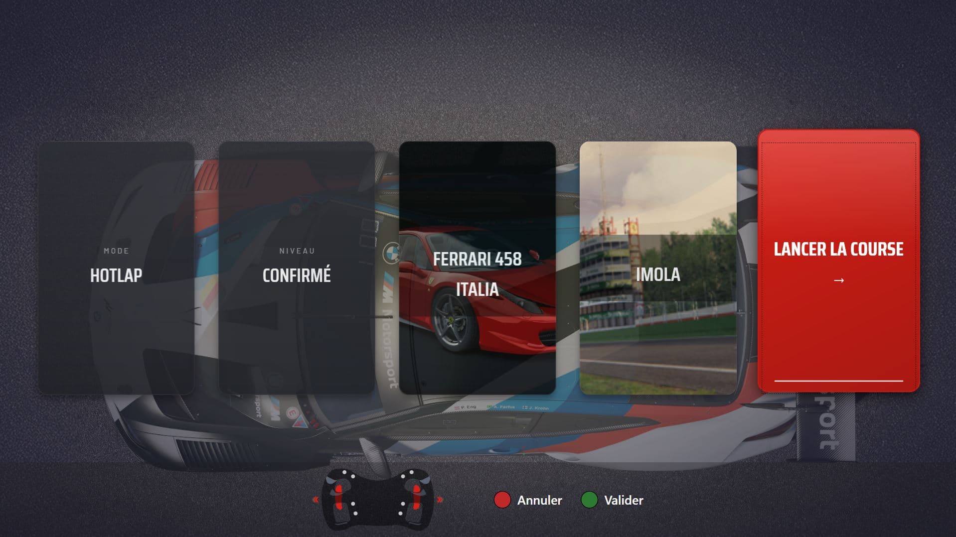 Launcher Omnisim — sélection de voiture et lancement de course
